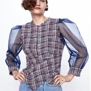 Zara tweed & organza asymmetric hem blouse